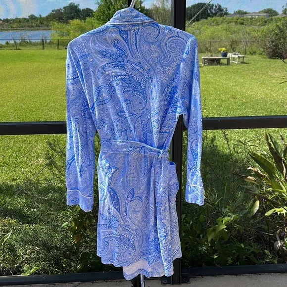 Ralph Lauren Women’s Blue Paisley Kimono Wrap Robe Shawl Collar Size Med